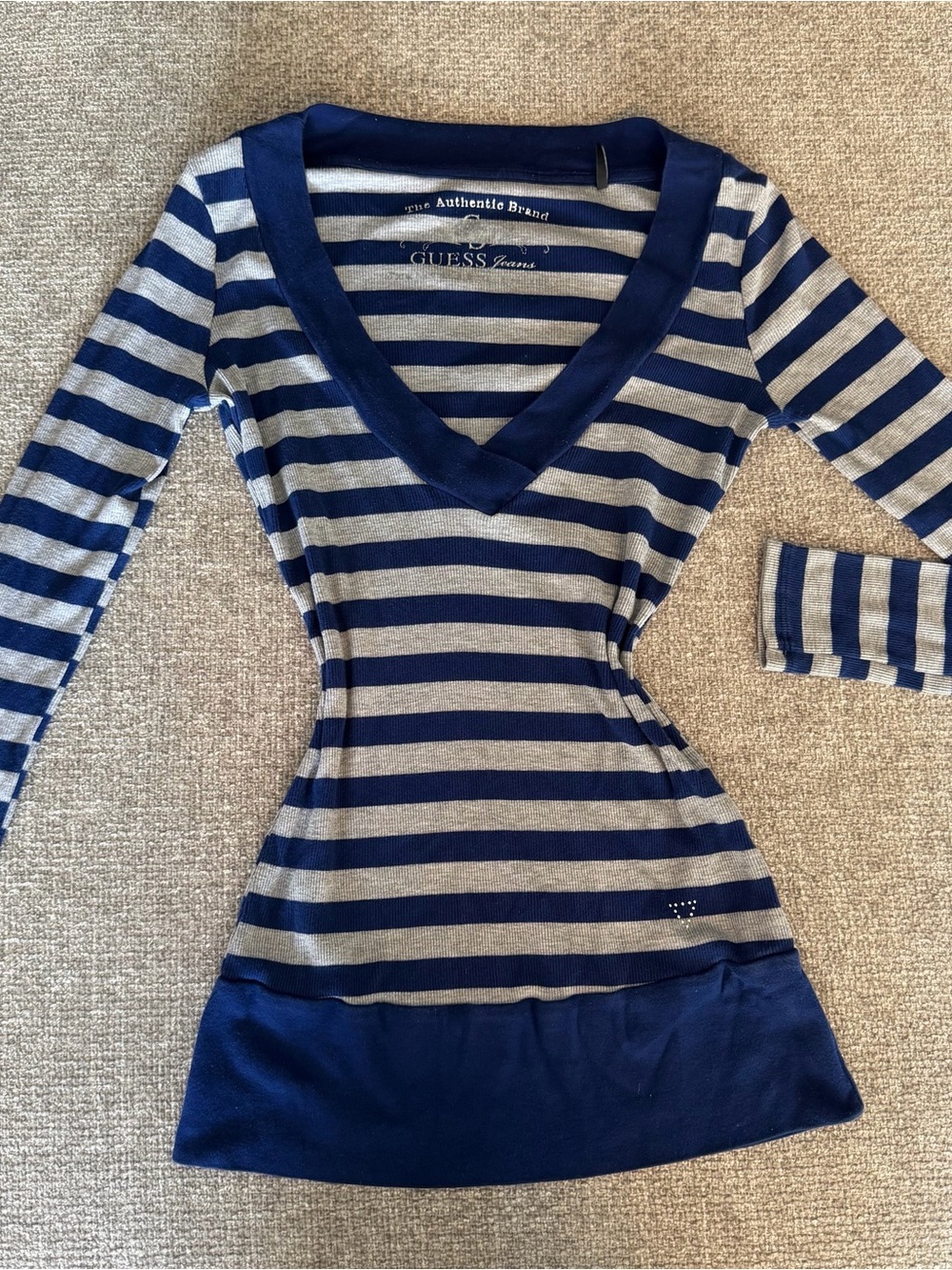 GUESS Striped V-Neck Knit Top in Navy and Gray